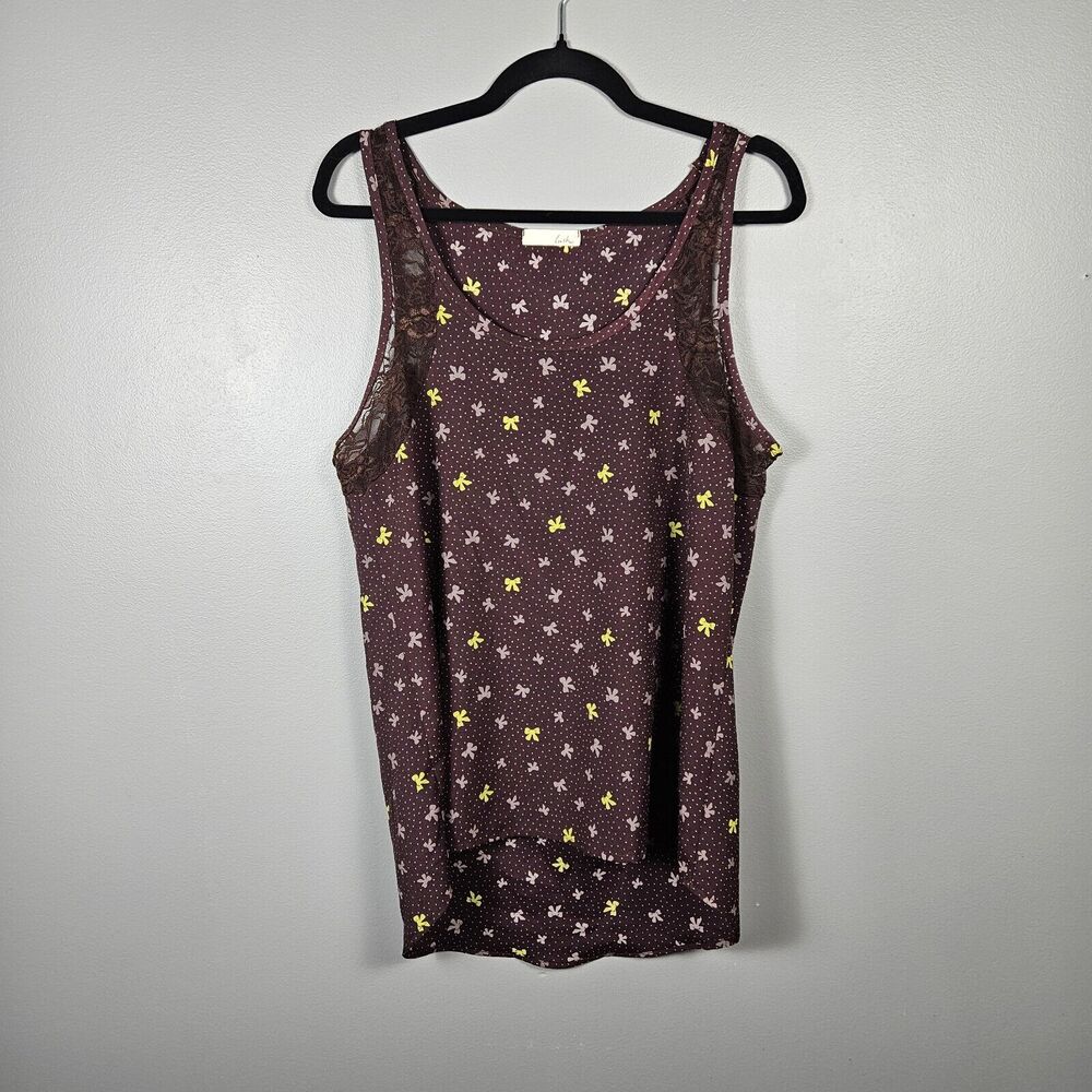 Lush Sleeveless Blouse Chocolate & Lime Bow Lace Detail Hi Low Hem Womens Size L